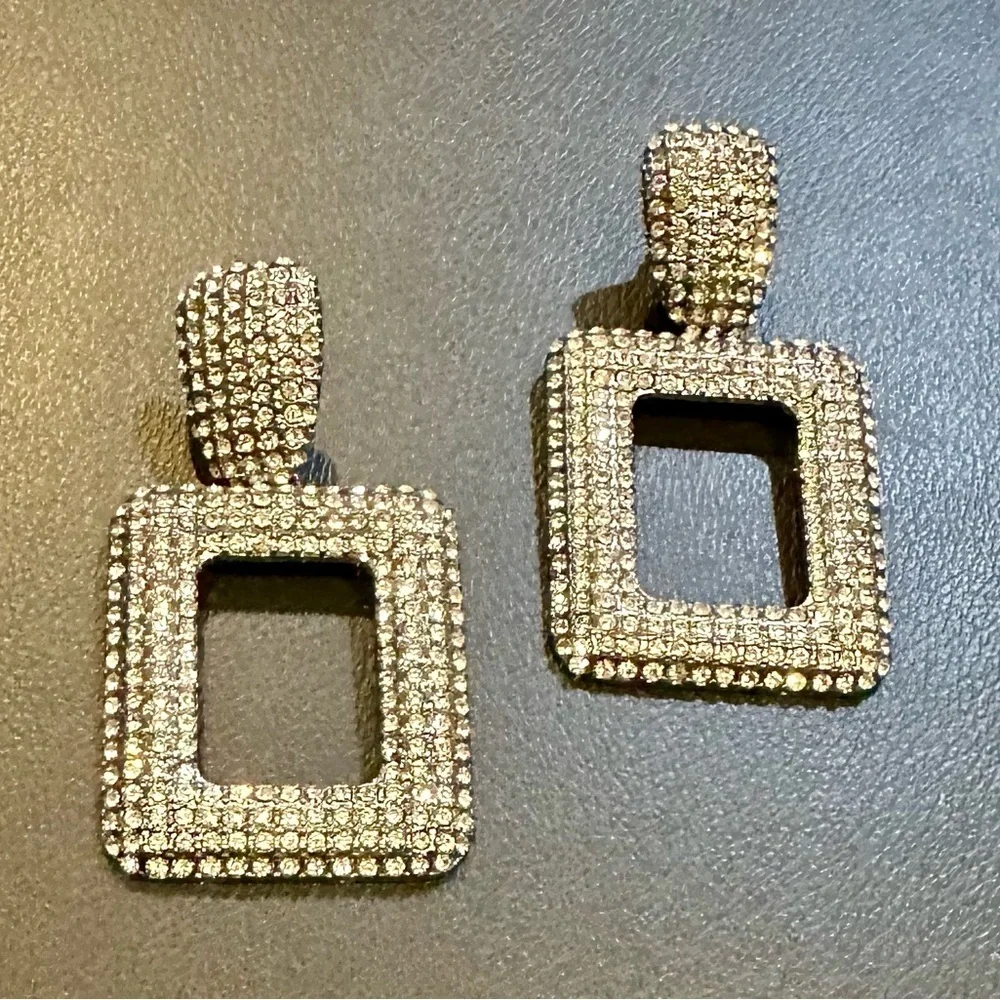 REBECCA MINKOFF XL Silver Crystal Rectangle Drop Earrings
